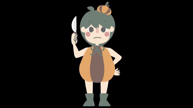 animated video happy halloween holiday festival with boy wearing pumpkin costume holding weapon knife, overlay transparent prores 4444 4K