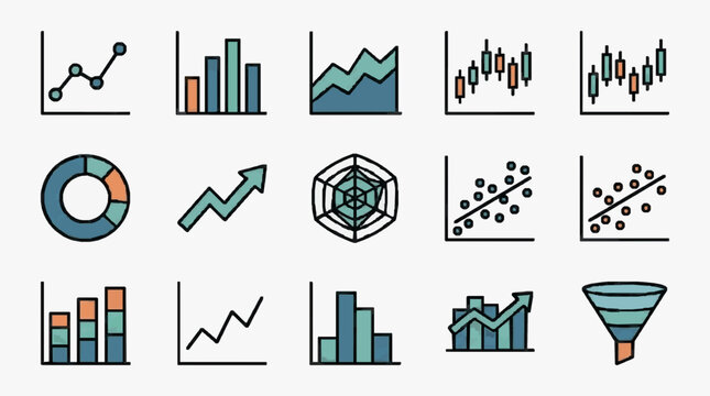 Industrial Style Showcasing 15 Diverse Data Visualization Charts in Green Teal and Orange with high quality professional line art symbols for modern creative design and digital branding projects