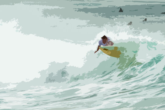 Surfer rides on a wave actively. Illustration with minimal color hues.