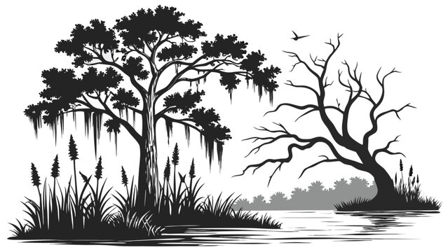 Silhouette of a swamp landscape with a large oak tree with spanish moss and a dead tree by the river