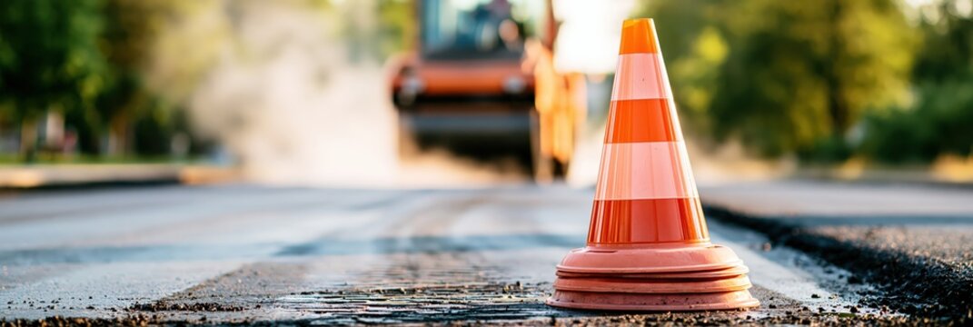 Orange traffic cone with road roller compactor paving asphalt with copy space