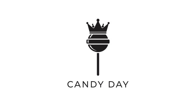 Minimalist logo design featuring a lollipop wearing a crown with the text Candy Day.