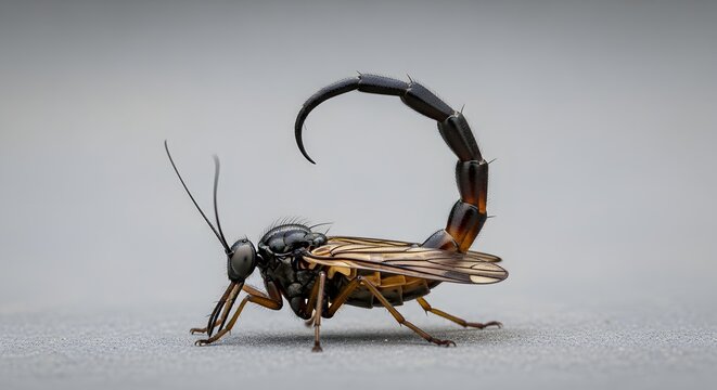Scorpionfly insect with scorpion tail poised in studio lighting against a smooth gray background