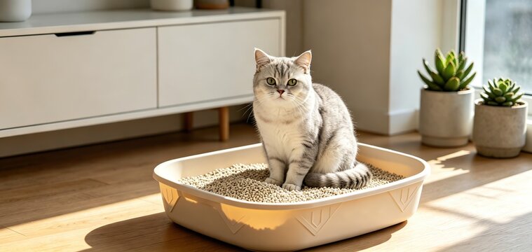 Cute grey tabby cat sitting inside clean litter box on sunlit wooden floor of bright modern home. Ideal for cat litter product advertisements, pet supply web banners, indoor cat care articles.