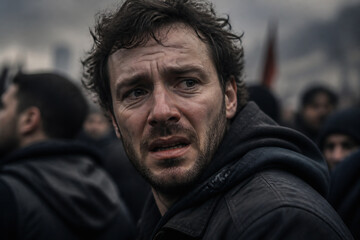 Fototapeta premium A man with dark, messy hair and a serious expression is featured in a dimly lit, urban outdoor setting amidst other people.
