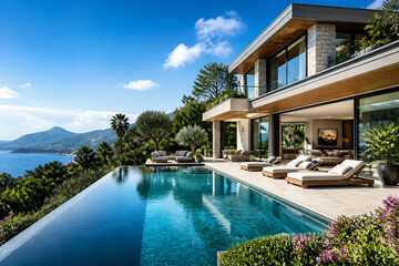 Fototapeta premium A modern luxury villa with an infinity pool overlooks a scenic coastal landscape under a bright blue sky.