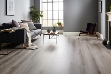 Obraz premium Spacious living area featuring a sofa, coffee table, armchair, and light wood effect floor