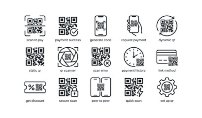 Fototapeta premium Qr code and payment icons arranged with labels on white background