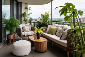Obraz premium Modern apartment balcony furnished for comfort and relaxation, featuring plants and city views