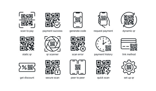Qr code and payment icons arranged with labels on white background