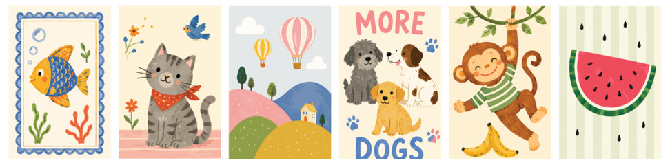 Obraz premium Cute nursery posters collection, with adorable safari animals like giraffe, elephant, lion, and sweet text elements for baby bedroom wall art decor.