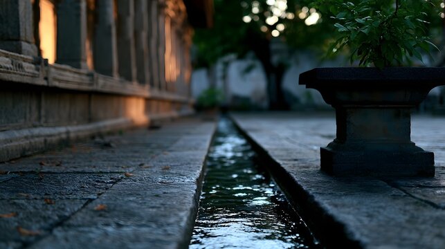 A tranquil worm s eye view of an ancient temple courtyard reflected by gentle waves and soft lighting