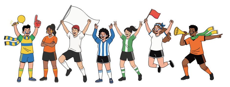 Soccer fans celebrating together with team kits, flags and scarves in a diverse supporter group illustration