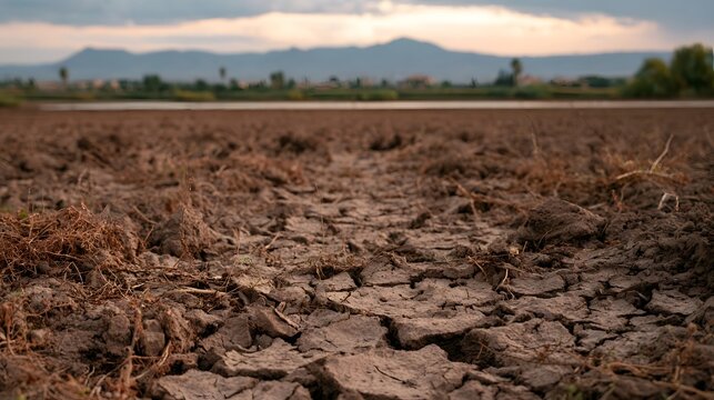 A soft focus photograph captures the desolate beauty of parched crumbling farmland with a shimmering mirage in the distance