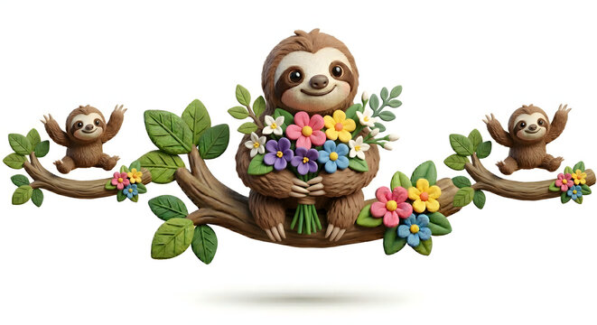 features three adorable claymation-style sloths perched on a tree branch, with the main character in the center holding a vibrant, colorful bouquet of flowers.