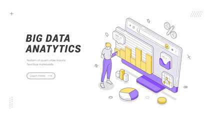 Big data analytics and processing isometric banner template. Vector illustration for database management, information technology, and cloud computing. Abstract visualization for business intelligence © provectors