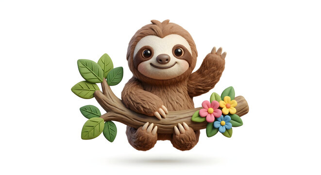 features three adorable claymation-style sloths perched on a tree branch, with the main character in the center holding a vibrant, colorful bouquet of flowers.