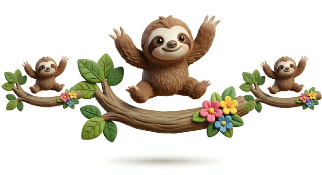 features three adorable claymation-style sloths perched on a tree branch, with the main character in the center holding a vibrant, colorful bouquet of flowers.