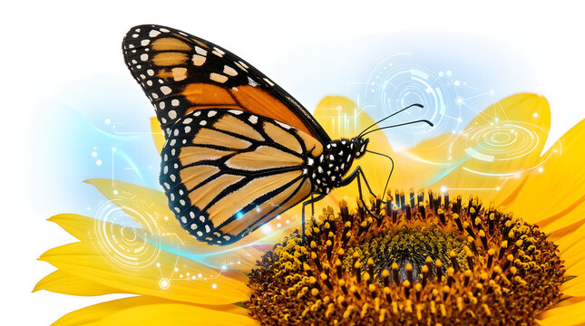 Monarch Butterfly on Sunflower with Digital Data Overlay for Biotechnology, Smart Farming, and Environmental Monitoring Concept Illustration