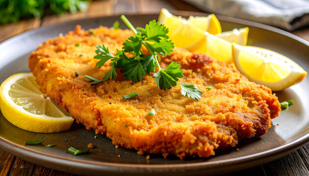 Golden crispy schnitzel with breaded crust, juicy tender meat inside, fresh lemon slices and parsley garnish, appetizing meat dish, gourmet European cuisine. Close-up.