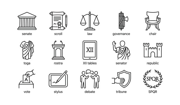 Roman governance and senate icons arranged on white grid