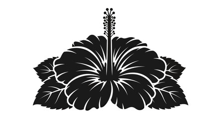 Black hibiscus flower silhouette with tropical leaves. © gudangPIXEL