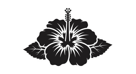 Black hibiscus flower silhouette with tropical leaves. © gudangPIXEL