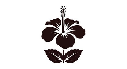 Black hibiscus flower silhouette with leaves icon. © gudangPIXEL