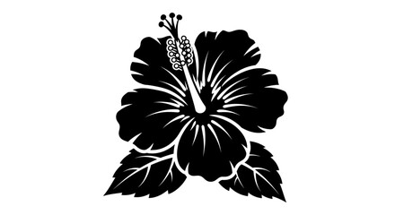 Black hibiscus flower silhouette with tropical leaves. © gudangPIXEL
