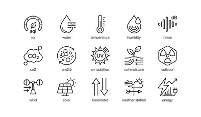 Fototapeta premium Environmental sensor and weather monitoring icons arranged in grid