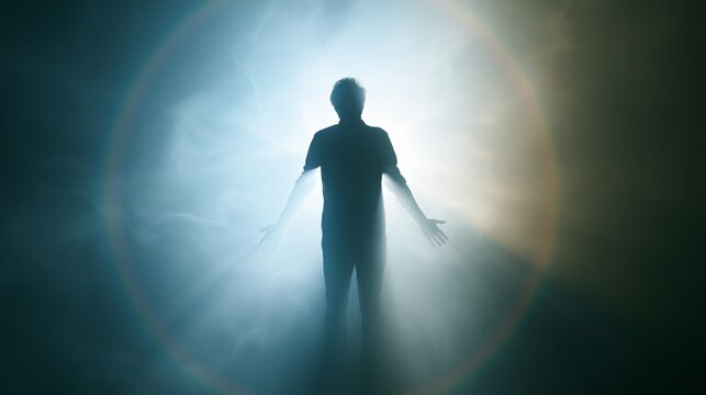 Silhouette of a person in a foggy forest with light