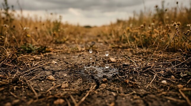 Water drop splashing on dry parched ground during drought