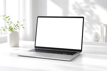 Modern silver laptop with a blank white screen on a minimalist white desk, bathed in natural light with a green plant and subtle shadows.