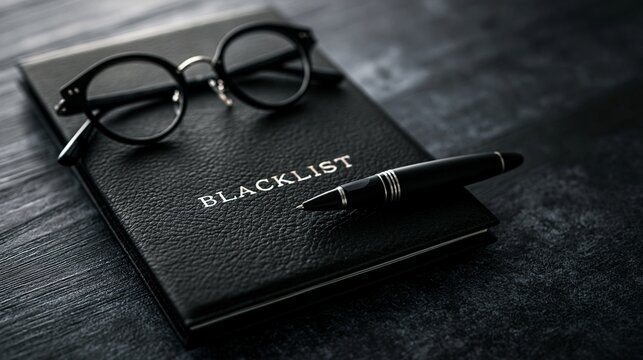 Blacklist notebook with fountain pen and glasses on desk