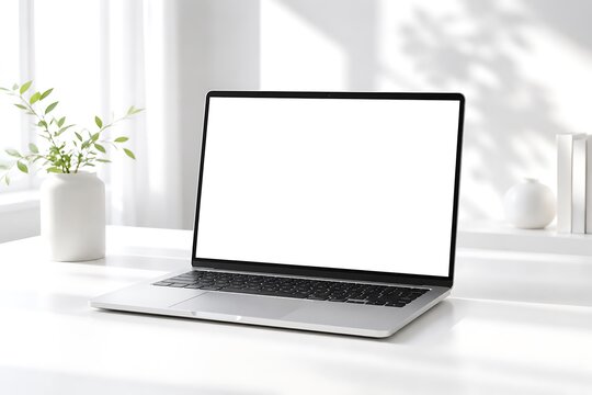 Modern silver laptop with a blank white screen on a minimalist white desk, bathed in natural light with a green plant and subtle shadows.