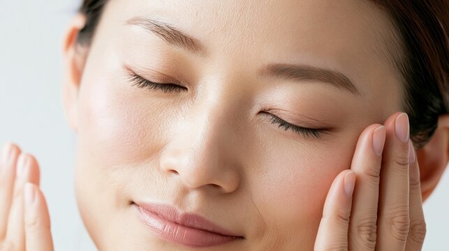 Close up of a woman touching her radiant face skin