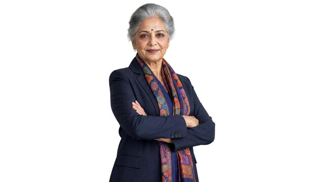 Confident Senior Indian Businesswoman in Professional Suit and Scarf Isolated on Transparent Background