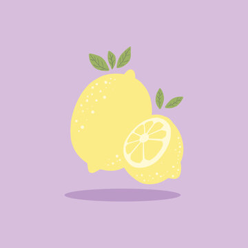 Hand-drawn lemons and green leaves on a purple background.
