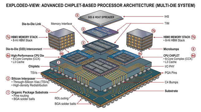 Exploded View Diagram of Advanced Multi-Die Microprocessor Chiplet Architecture