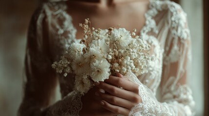 bride with bouquet, upper body shot, face not visible, focus on hands and dress texture, soft natural light, 8k 