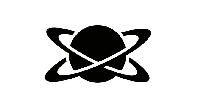 Black planet icon with intersecting orbital rings.