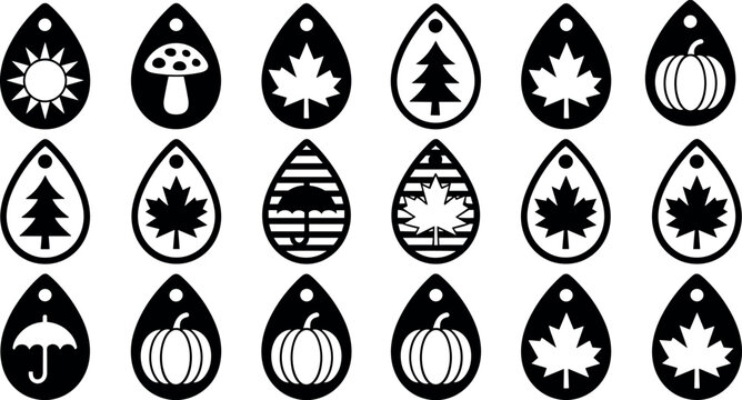 Set of black and white teardrop earring cutouts featuring seasonal autumn, fall, nature, and holiday themed silhouettes.