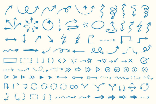 Hand Drawn swirl or twist curved arrows vector. Collection doodle marker arrows in different directions. Black, red, blue  hand drawn doodle arrows vector illustrator .