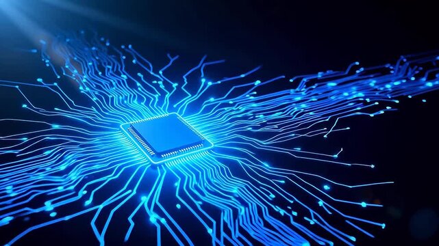 Blue glowing circuit board with central chip