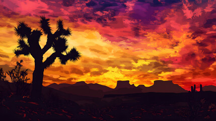 Fototapeta premium Desert landscape with joshua tree at vibrant colorful sunset