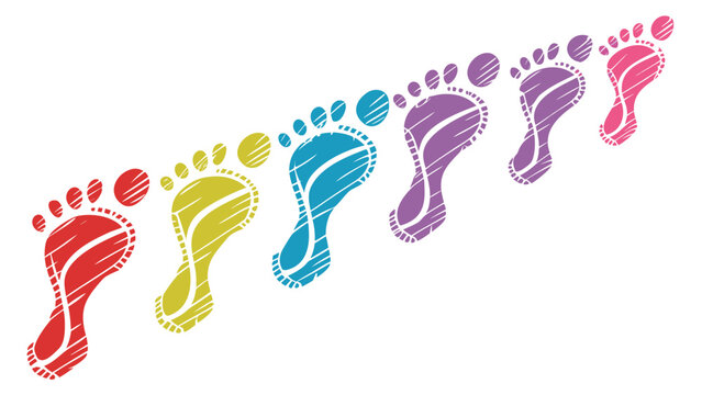 Colorful footprint trail, set of human footprints in various colors, walking steps, path of footprints, vector illustration