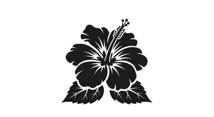 Black silhouette of a tropical hibiscus flower with leaves. © gudangPIXEL