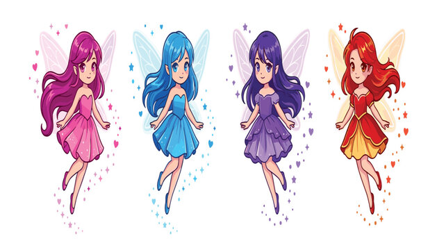 Cute anime fairy girl characters set with wings colorful dresses pink blue purple red vector illustration isolated on white