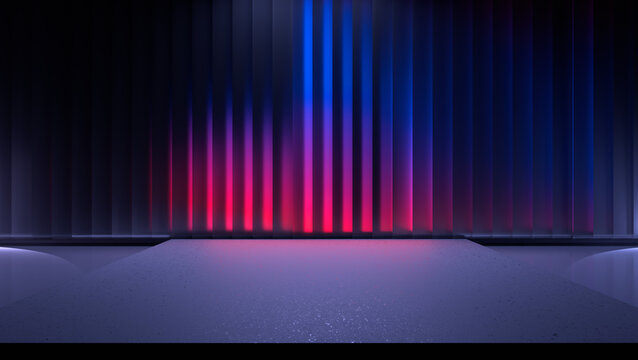 Neon light concrete stage podium background for product display. 3D rendering