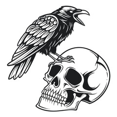 Naklejka premium Raven perched on a human skull